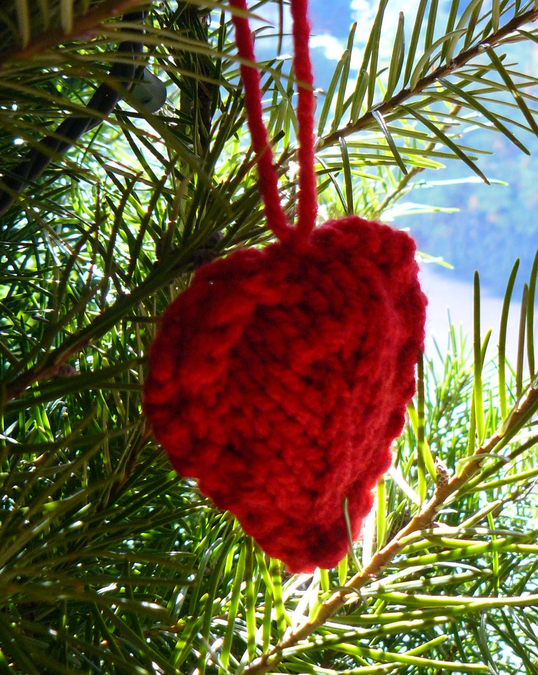 knitted heart hanging on branch