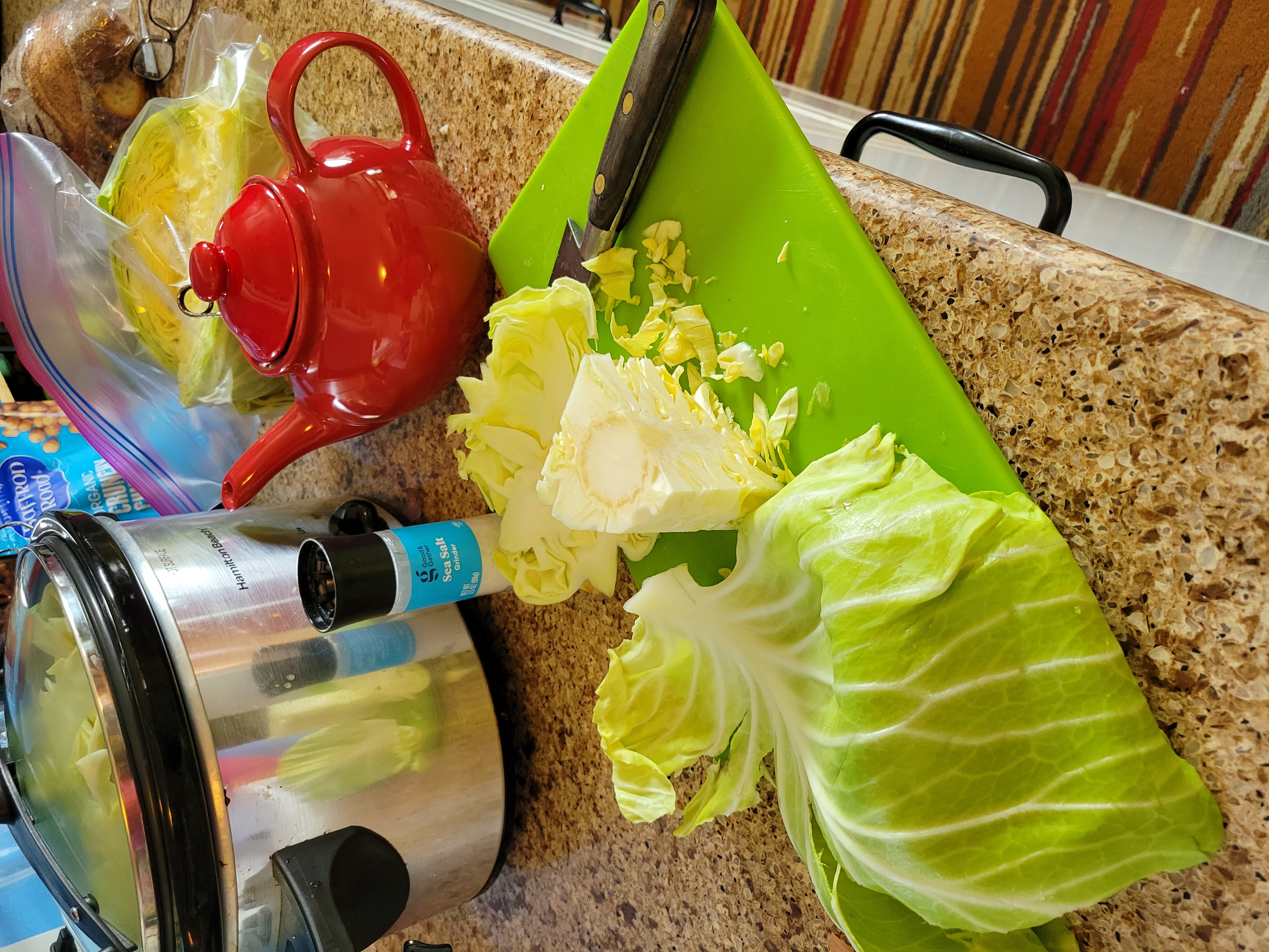 Cabbage trimmings, teapot